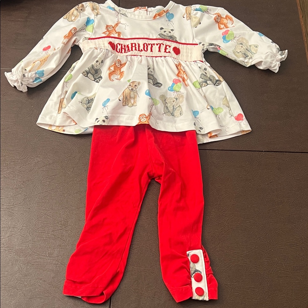 White Animal Valentines Print Top and Red Pants Set Embroidered “Charlotte”